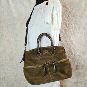 Dooney and Bourke Dark Olive Green Suede Leather Dillen Double Pocket Satchel